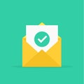 Envelope and document and round green check mark icon. Vector illustration. Royalty Free Stock Photo