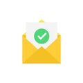 Envelope and document and round green check mark icon. Vector illustration. Royalty Free Stock Photo