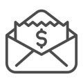 Envelope with dollar bill line icon, business concept, letter with financial payment sign on white background, Money