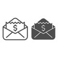 Envelope with dollar bill line and solid icon, business concept, letter with financial payment sign on white background