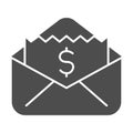 Envelope with dollar bill solid icon, business concept, letter with financial payment sign on white background, Money