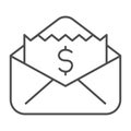 Envelope with dollar bill thin line icon, business concept, letter with financial payment sign on white background