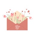 Envelope with flowers bouquet. Happy Valentines day. Spring elements set isolated on white background. Vector illustration Royalty Free Stock Photo