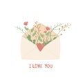 Envelope with flowers bouquet and I love you text. Happy Valentines day. Spring elements set isolated on white background. Vector Royalty Free Stock Photo