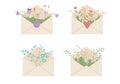 Envelope with flowers bouquet set. Spring elements set isolated on white background. Vector flat illustration