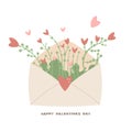 Envelope with flowers and heart bouquet. Valentines day. Spring elements set isolated on white background. Vector flat Royalty Free Stock Photo