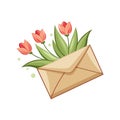 Envelope and Flowers: Spring Tulips Emerging from a Light Brown Stationery Envelope, Isolated on White Royalty Free Stock Photo