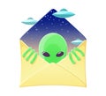 Envelope with funny alien and flying saucers inside. Cartoon humanoid character. Conspiracy and mysterious concept