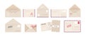 Envelope and greeting card. Cartoon invitation letter and postcard set with post stamps. Square covers front and back