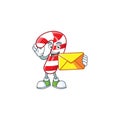 With envelope Happy face christmas candy cane mascot cartoon style