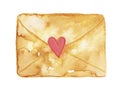 Envelope with a heart. A letter with a declaration of love. Watercolor illustration for valentines day hand drawn and isolated on