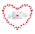 Envelope with heart stamp and white angel wings framed with red Royalty Free Stock Photo