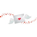 Envelope with heart stamp, white angel wings and hearts wave Royalty Free Stock Photo