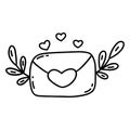 Envelope with heart and twigs. Valentines Day. Vector doodle icon