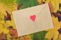 Envelope letter on autumn leaves background. Template. Backdrop. Mockup Royalty Free Stock Photo