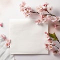 envelope on linen tablecloth background with pink blossoming cherry tree branches, Romantic minimal