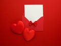 Envelope Mail, Heart and Ribbon on red Background. Valentine Day Card, Love or Wedding Greeting Concept. Top view Royalty Free Stock Photo