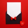 Envelope Mail, Heart and Ribbon on red Background. Valentine Day Card, Love or Wedding Greeting Concept. Top view Royalty Free Stock Photo