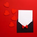 Envelope Mail, Heart and Ribbon on red Background. Valentine Day Card, Love or Wedding Greeting Concept. Top view Royalty Free Stock Photo