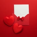 Envelope Mail, Heart and Ribbon on red Background. Valentine Day Card, Love or Wedding Greeting Concept. Top view Royalty Free Stock Photo