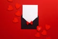 Envelope Mail, Heart and Ribbon on red Background. Valentine Day Card, Love or Wedding Greeting Concept. Top view Royalty Free Stock Photo