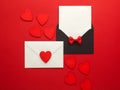 Envelope Mail, Heart and Ribbon on red Background. Valentine Day Card, Love or Wedding Greeting Concept. Top view Royalty Free Stock Photo