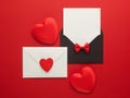 Envelope Mail, Heart and Ribbon on red Background. Valentine Day Card, Love or Wedding Greeting Concept. Top view Royalty Free Stock Photo