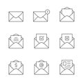 Envelope mail line icon set. Closed envelope, open with a letter, with a check mark and notification. Outline vector isolated Royalty Free Stock Photo