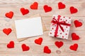 Envelope Mail with Red Heart and gift box over Orange Wooden Background. Valentine Day Card, Love or Wedding Greeting Concept Royalty Free Stock Photo