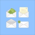 Envelope with money and bills.Flat set of 4 finance mail icon. Royalty Free Stock Photo