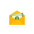 Envelope with money. Open envelope with dollars. Vector illustration in flat style. Sending, receiving, rewarding