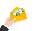 Envelope with money. Open envelope with dollars. Vector illustration in flat style. Sending, receiving, rewarding