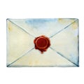 An envelope of old paper, wax seal. Hand drawn watercolor closeup illustration. For design concepts of mail Royalty Free Stock Photo