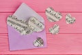 Envelope and paper hearts with music notes.