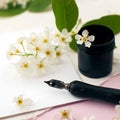 Envelope, paper, white flowers, black ink and fountain pen. Styled feminine desk workspace with white flowers, calligraphy nib Royalty Free Stock Photo