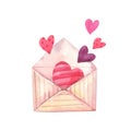 Envelope with pink,red hearts on a white background.Cute watercolor illustration