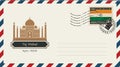 An envelope with a postage stamp with Taj Mahal