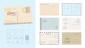 Envelope postcard template set. Stylish card greeting stamps postal services red blue frame fast delivery air ships