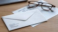 Envelope and reading glasses on a desk. Royalty Free Stock Photo