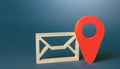 Envelope and red geolocation map pin. Messages and notifications with a geographic context.