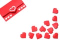 Envelope from red paper with hearts and several handmade 3D red paper hearts on white background isolated. Love, Valentine`s day