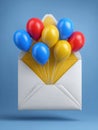 Envelope Releasing Red, Blue, and Yellow Balloons Against a Solid Light Blue Colored Background, Creating a Playful Royalty Free Stock Photo