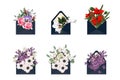 Envelope set with spring summer greenery, anemones, roses and lilac flower. Hand painted floral card with flower on white backgrou Royalty Free Stock Photo