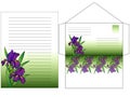 Envelope and a sheet for writing letters colored with flowers Irises. Set to write a letter. Greeting card. Envelope and sheet wit