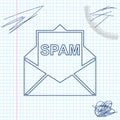 Envelope with spam line sketch icon isolated on white background. Concept of virus, piracy, hacking and security. Vector Royalty Free Stock Photo