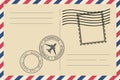 Envelope and stamp. Vintage air mail envelope with postage stamp, postage card. Vector graphic design Royalty Free Stock Photo