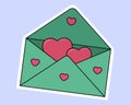 The envelope. Sticker on a white background. Love message. Hearts in a letter. Colored vector illustration. Cartoon style.