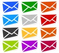 Envelope symbols in 12 colors as contact, support, email icons, Royalty Free Stock Photo