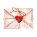Envelope tied with natural cord and decorated with a heart.
