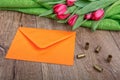 Envelope, tulips and bullets on a wooden background Royalty Free Stock Photo